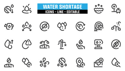 Set of 25 line icons water shortage. Editable stroke. Vector illustration