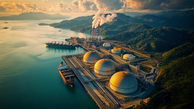 Aerial view of coastal lng plant with storage tanks and cargo ships amidst green mountain range and ocean, gas refinery factory in sea at sunset. Concept of industry, energy. 