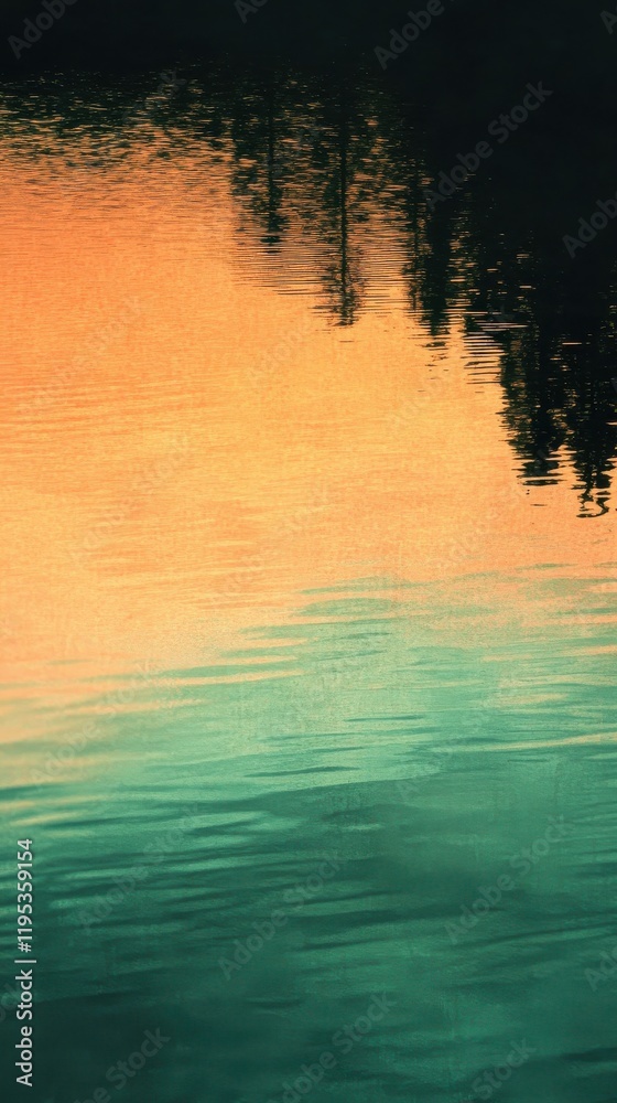 Poster golden hour reflection on water creating a serene interplay of colors at dusk in a peaceful lakeside