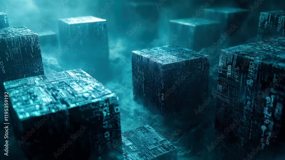 Wall mural digital cubes in dark cyberspace, futuristic data blocks with cyber energy like tech innovation, abs