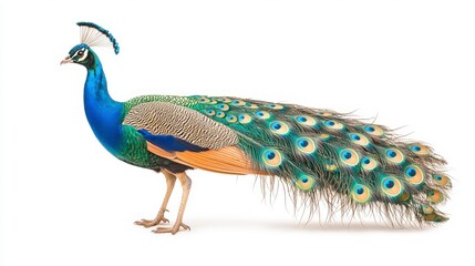 Fototapeta premium A vibrant and colorful peacock displayed in profile, showcasing its stunning plumage, representing beauty and elegance in nature.