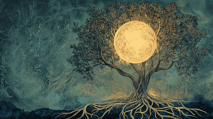 Illustration of a tree with exposed roots wrapping around a glowing orb, symbolizing grounding and connection, drawn with intricate linework and muted earthy tones