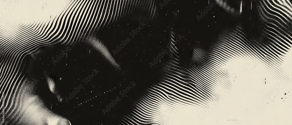 Poster Abstract black and white pattern with wavy lines creating depth and texture in a dynamic composition
