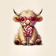 Fototapeta premium Whimsical Highland Cow with Heart-Shaped Sunglasses and Lollipop