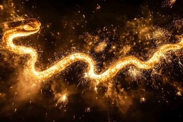 Golden sparkler trail resembles a serpentine form among fireworks.