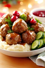 Deliciosas albóndigas suecas con puré de patatas y salsa en un plato festivo