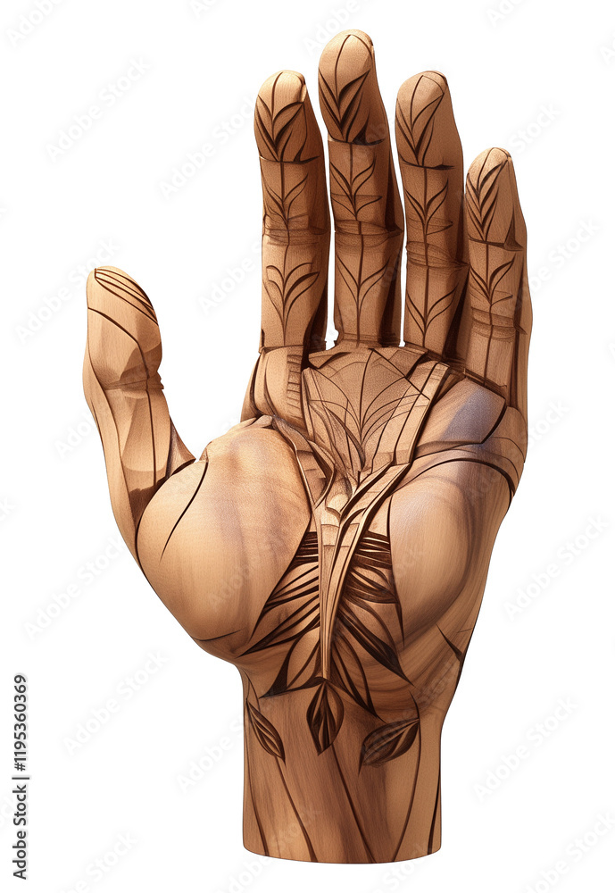 Aufkleber wooden hand with intricate carved details and leaf patterns is isolated on transparency background, showcasing craftsmanship and artistry