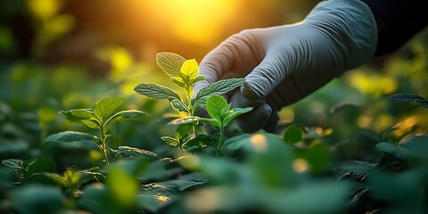 Gloved hand gently examining vibrant green seedlings at sunset.