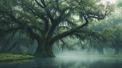Fototapeta premium A misty swamp with large trees draped in Spanish moss creates a serene and moody landscape