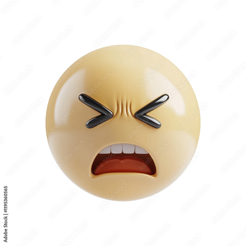 Poster 3d emoji in pale beige with frustrated expression, featuring tightly closed eyes and open mouth, iso