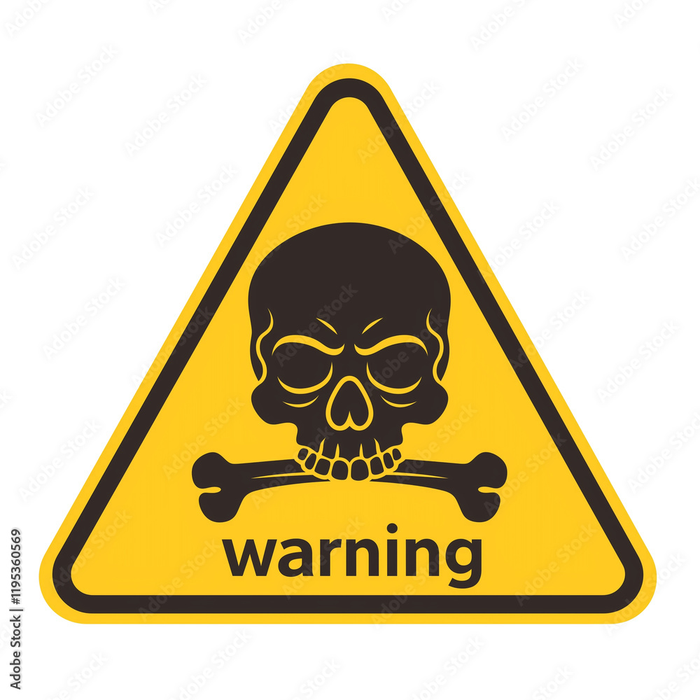 Poster yellow warning label with 3D effect features skull and crossbones symbol, conveying danger. triangular sign is isolated on transparency background, emphasizing caution