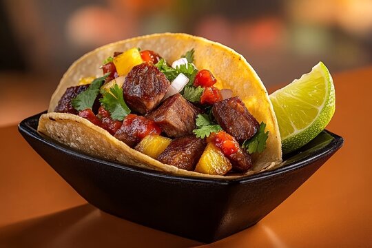 Deliciosos tacos al pastor con carne tierna y salsa fresca en un plato negro
