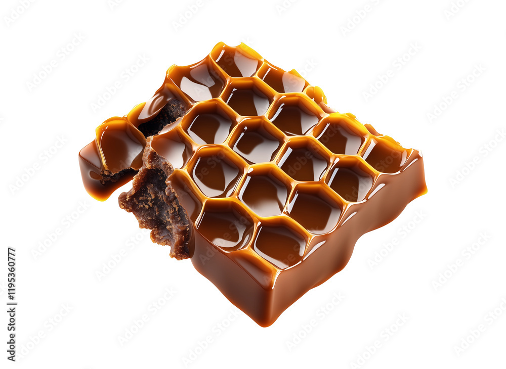 Poster 3d cartoon honeycomb toffee with glossy caramel surface, isolated on transparency background, showca