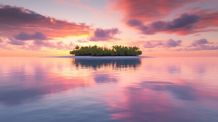 A vivid island at dawn with pink and orange skies reflecting over calm glassy waters