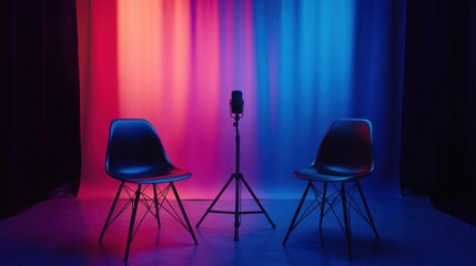 Modern Stage Setup with Chairs and Microphone on Vibrant Background