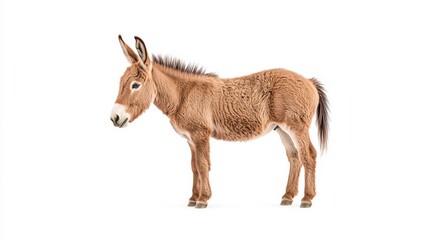 Obraz premium A young donkey stands gracefully against a white background, showcasing its soft fur and expressive features, symbolizing curiosity and innocence.
