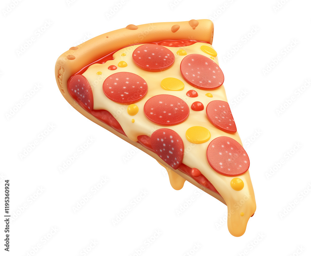 Poster 3d cartoon slice of pepperoni pizza with melted cheese and vibrant toppings, isolated on transparenc