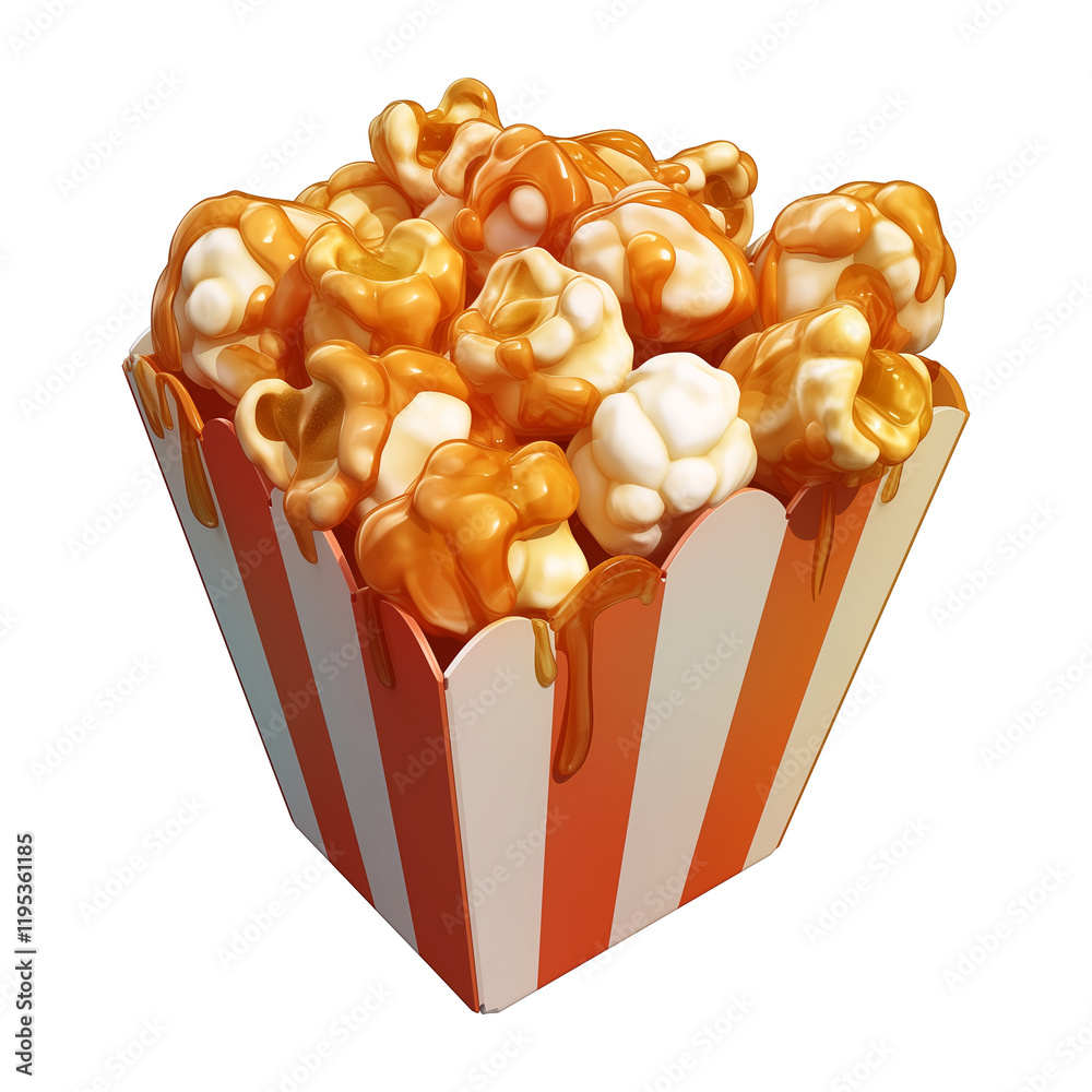 Poster 3d illustration of cute caramel popcorn overflowing from striped box, isolated on transparency backg