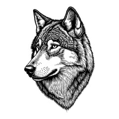 Naklejka premium Wolf Head with Detailed Fur Black and White Outline Line Art Drawing Isolated