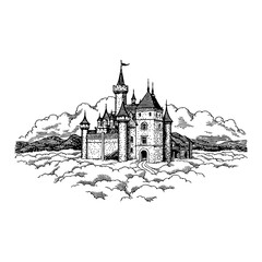 Obraz premium Castle Above Clouds Detailed Black and White Outline Line Art Drawing with Towers and Mountain View