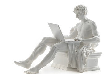 Naklejka premium Realistic classic gypsum statue of man using a laptop for IT isolated on white background