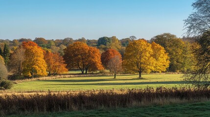 Naklejka premium golden autumn landscape featuring vibrant trees against a clear blue sky, sunlight filtering through branches, creating a picturesque and inviting scene