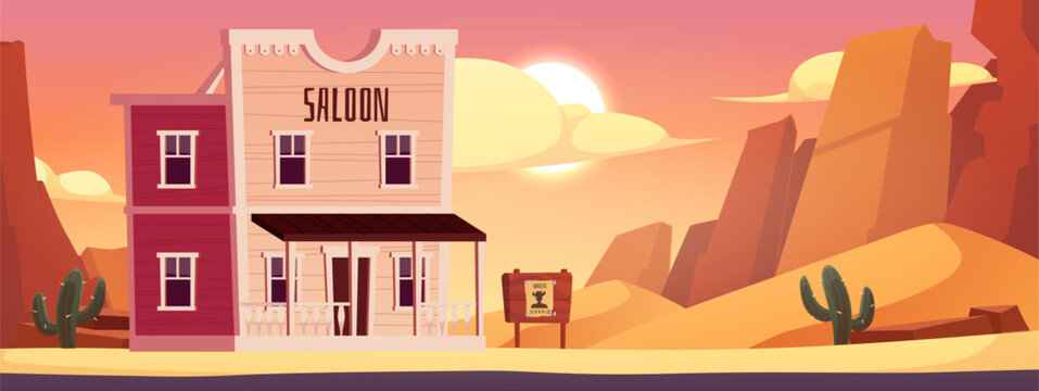 Vector landscape in Western style with a wooden house, a saloon sign