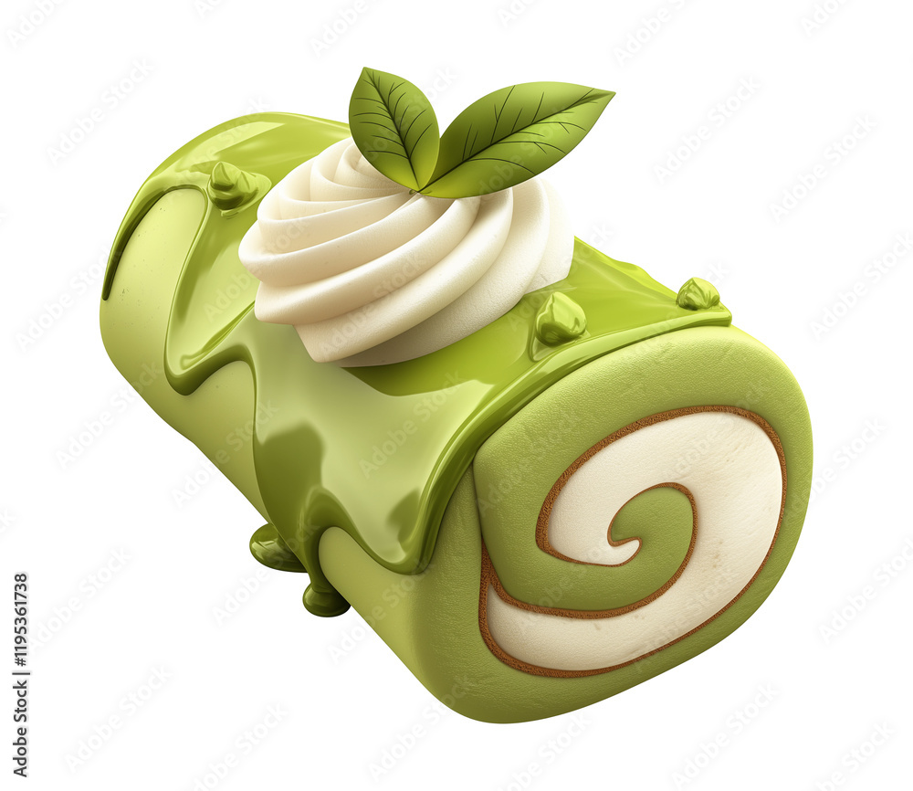 Poster cute 3d cartoon matcha roll cake with creamy frosting and green tea leaves on top, isolated on trans