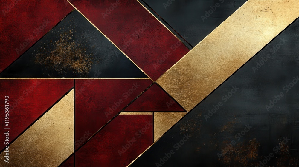 Fototapete abstract geometric composition with layered red, black, and gold elements creating a striking visual