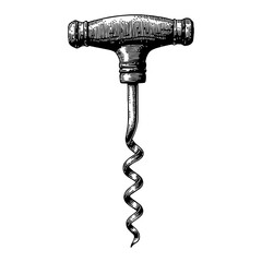 Detailed Corkscrew with Handle Black and White Outline Line Art Drawing Isolated on White Background