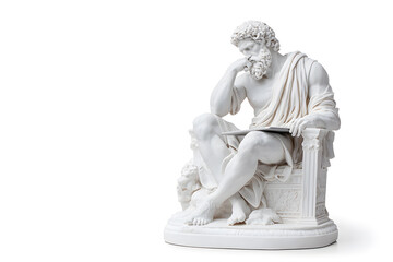 Realistic classic gypsum statue of man using a laptop for IT isolated on white background