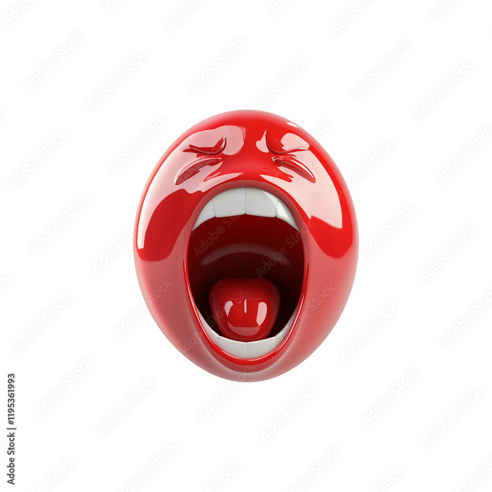 Poster glossy red 3d emoji with excited expression, featuring wide open mouth and closed eyes, isolated on 