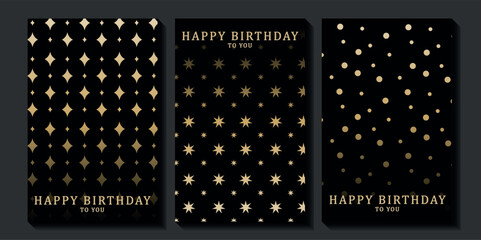 Obraz premium Set of luxury birthday cards on a black background. Modern gold and black design. Golden elegant geometric pattern, gold line on dark background. Premium design illustration for birthday party.
