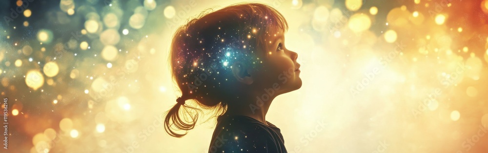 Aufkleber child radiating light in a colorful background filled with magical sparkles and glow