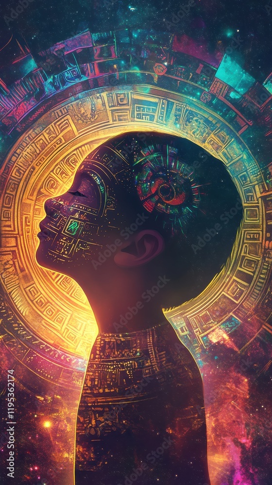Aufkleber child radiates vibrant energy in a mystical cosmic setting filled with intricate patterns and glowin