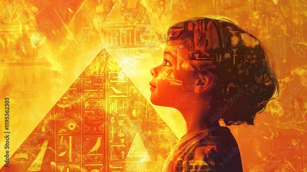 Poster Child glowing in vibrant colors with expressive background reflecting ancient symbols and patterns