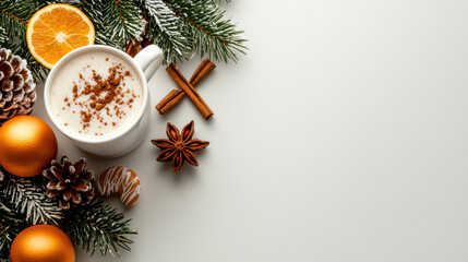 Cozy winter scene with hot drink, spices, and festive decorations