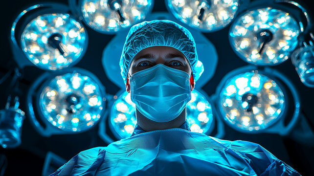 A surgeon during a medical procedure, as viewed from the patient on the operating table. A doctor performing a surgery - first person perspective. Low angle, mask, cap - operating room lights.
