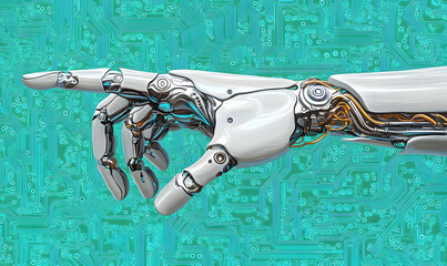 Fototapeta na wymiar Futuristic robotic hand pointing, detailed mechanism, teal circuit board background; artificial intelligence concept.