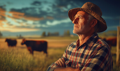 Confident farmer in a cow farm, agriculture card concept, generated ai
