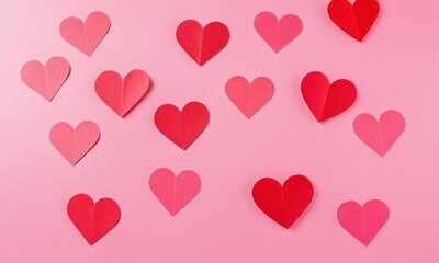 Colorful paper hearts scattered on a pink background for creative decoration. Valentine’s Day, date, engagement, love, wedding, background