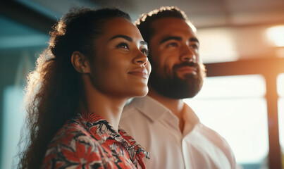 Maori man and woman at business office, generated ai 