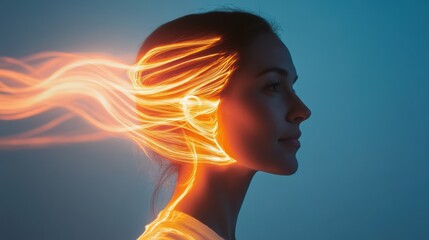 Surreal portrayal of a glowing woman with flowing hair displayed against a serene blue background