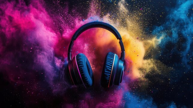headphones surrounded by a burst of vivid color powder, creating a dynamic visual representation of music and festival culture, celebrating creativity and expression