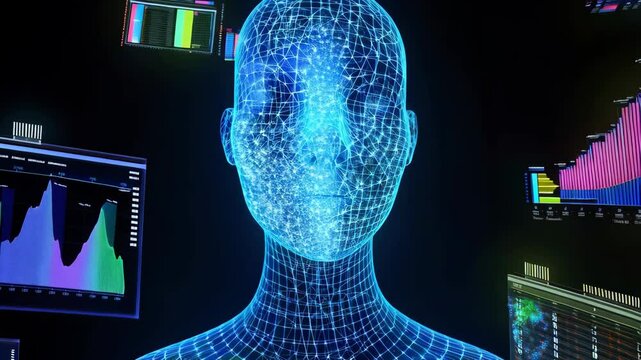 Glowing wireframe head model displaying interconnected data visualizations, representing advanced technological processing and artificial intelligence insights. Concept Scanning a person with AI