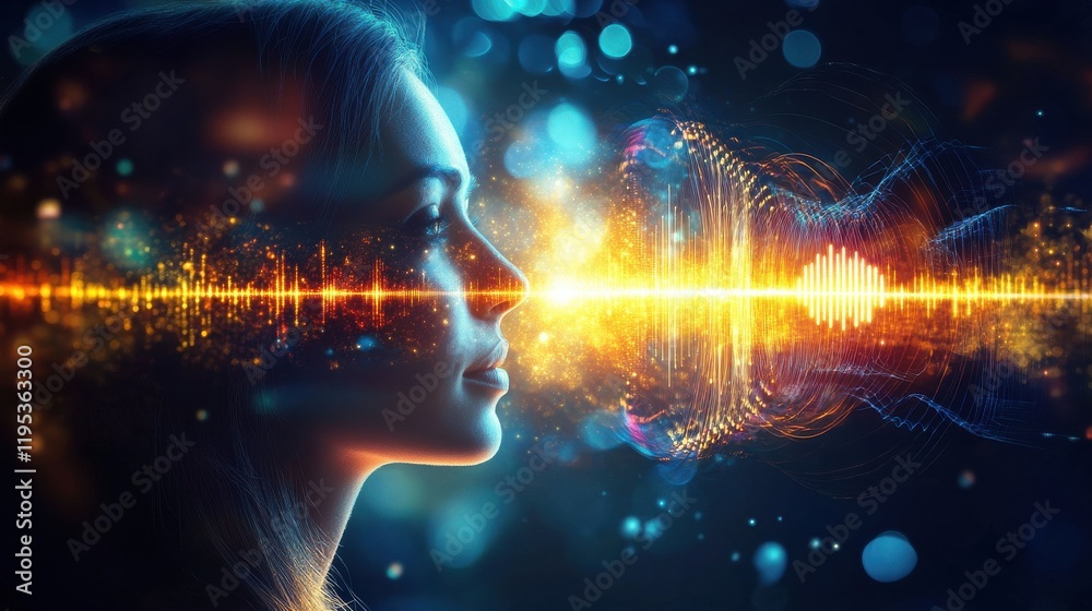 Aufkleber surreal representation of a glowing woman with sound waves merging in an abstract space