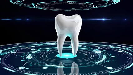 Futuristic hud interface revealing rotating white tooth model, visualizing innovative dental technology through advanced digital medical graphics and informational network design - Powered by Adobe