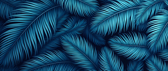 A blue palm leaf motif, its fronds swirl in the wind to create an abstract pattern on a dark fabric background, perfect for beachwear or nautical decor with a tropical feel.