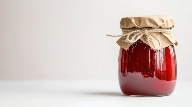 homemade red jam jar with a rustic design, brown paper lid and twine, sitting elegantly against a pristine white background, evoking a cozy, homemade feel