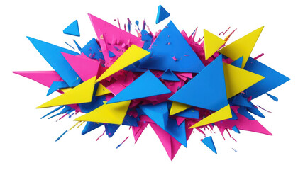 Triangular fragments of Holi colors arranged in a shattered, jagged pattern with neon hues of yellow, blue, and pink, on a white transparent background PNG